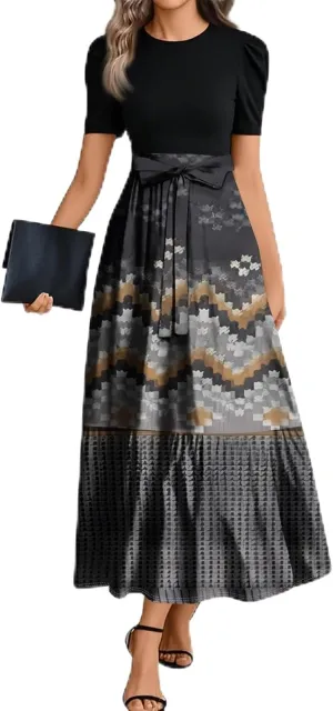 Maxi Dresses for Women 2025 Belted Short Sleeve Round Neck Geometric Splicing Elegant Flowy High Waist Summer Dress