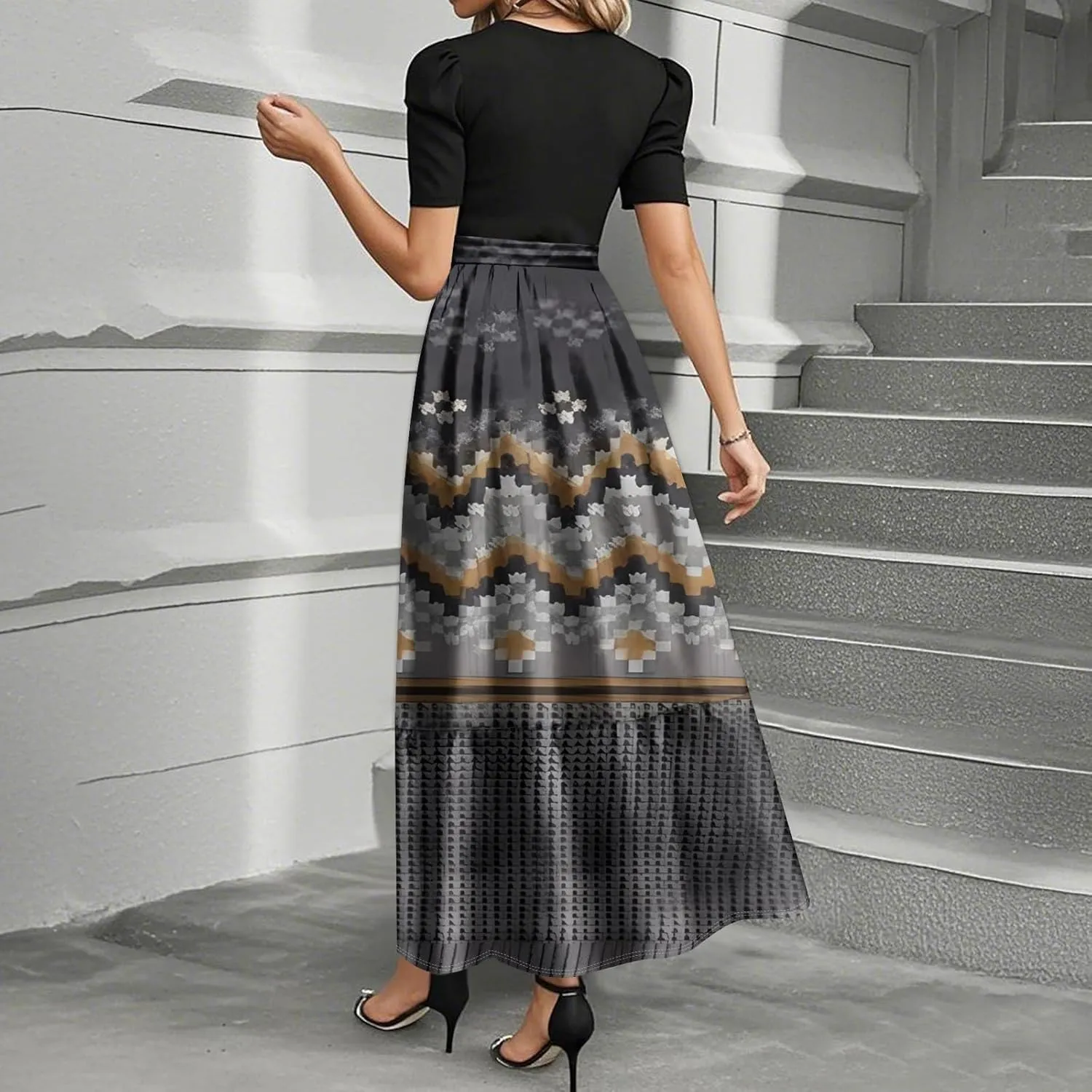 Maxi Dresses for Women 2025 Belted Short Sleeve Round Neck Geometric Splicing Elegant Flowy High Waist Summer Dress