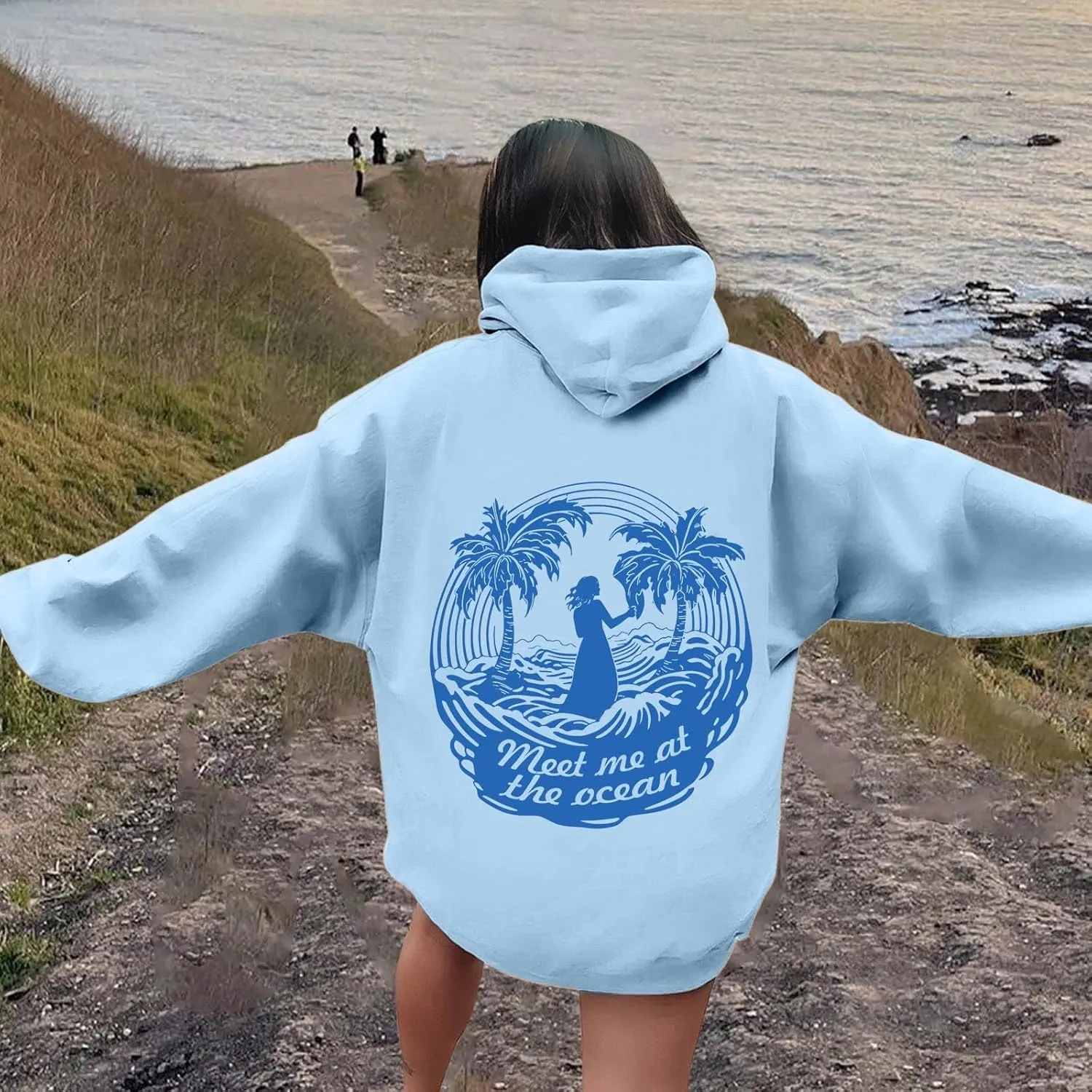 Meet Me at The Ocean Oversized Hoodies for Women Casual Drawstring Sweatshirt Fashion Long Sleeve Pullover