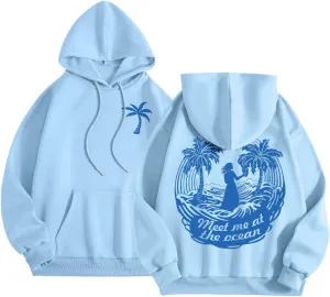 Meet Me at The Ocean Oversized Hoodies for Women Casual Drawstring Sweatshirt Fashion Long Sleeve Pullover