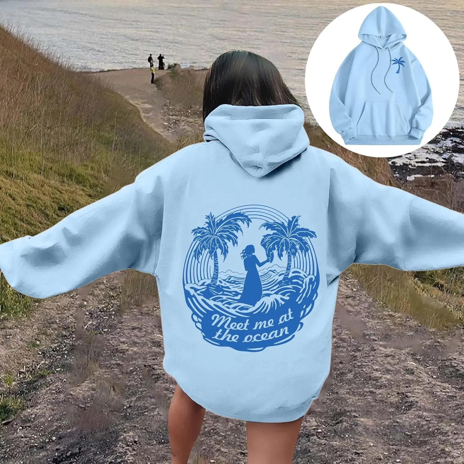 Meet Me at The Ocean Oversized Hoodies for Women Casual Drawstring Sweatshirt Fashion Long Sleeve Pullover