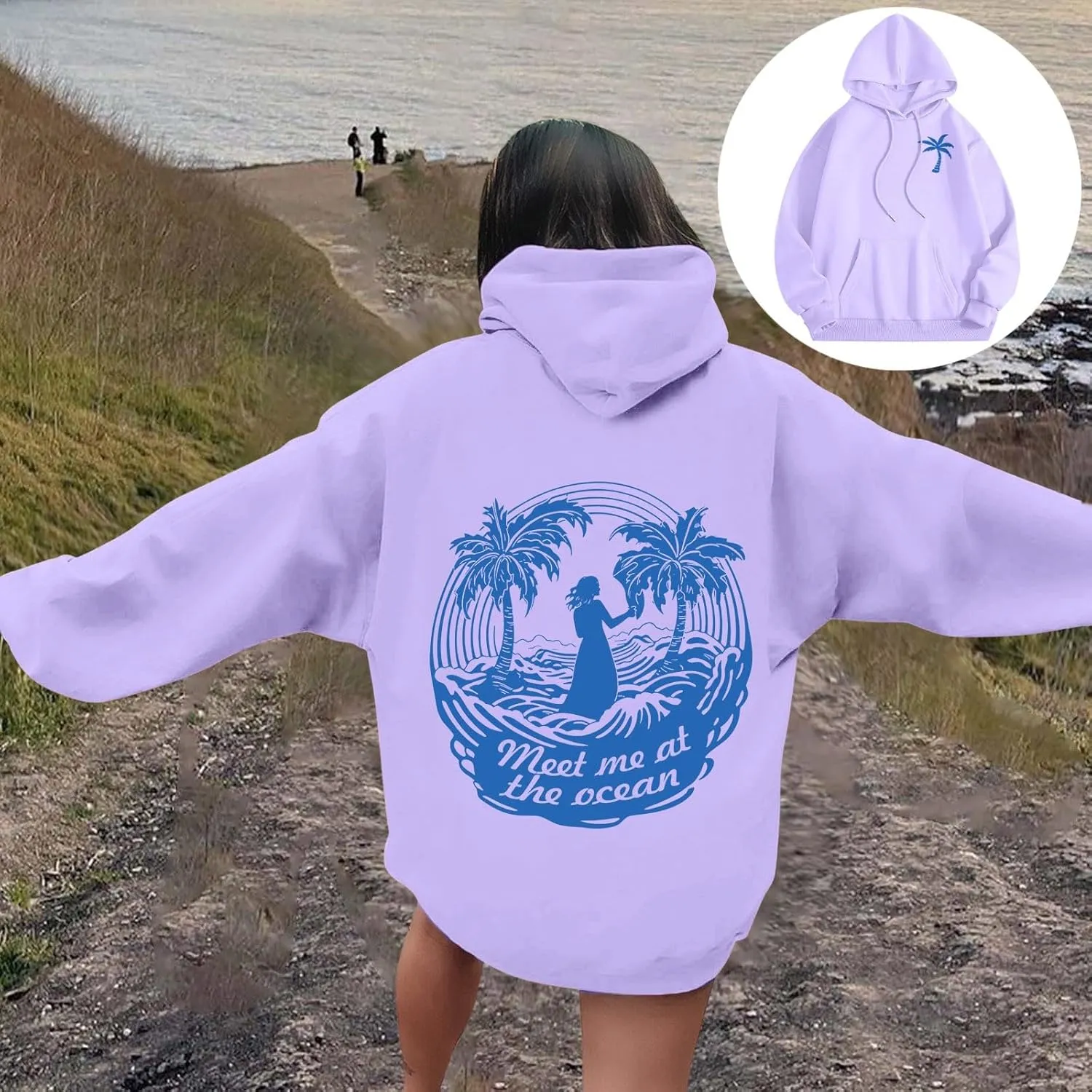 Meet Me at The Ocean Oversized Hoodies for Women Casual Drawstring Sweatshirt Fashion Long Sleeve Pullover