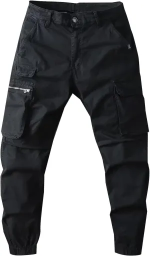 Men's Cargo Pants Slim Fit Work Pants with Zipper Pockets Elastic Waist Durable Outdoor Hiking Travel Jogger