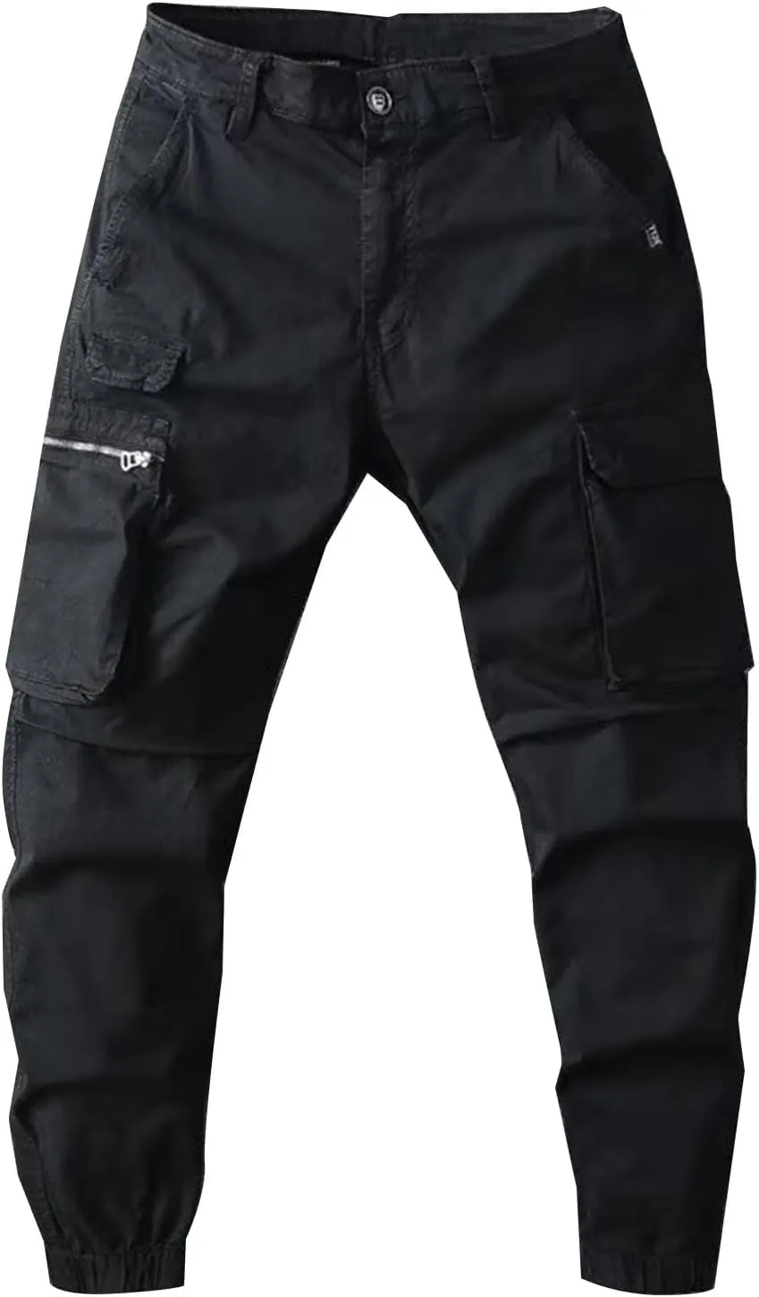 Men's Cargo Pants Slim Fit Work Pants with Zipper Pockets Elastic Waist Durable Outdoor Hiking Travel Jogger