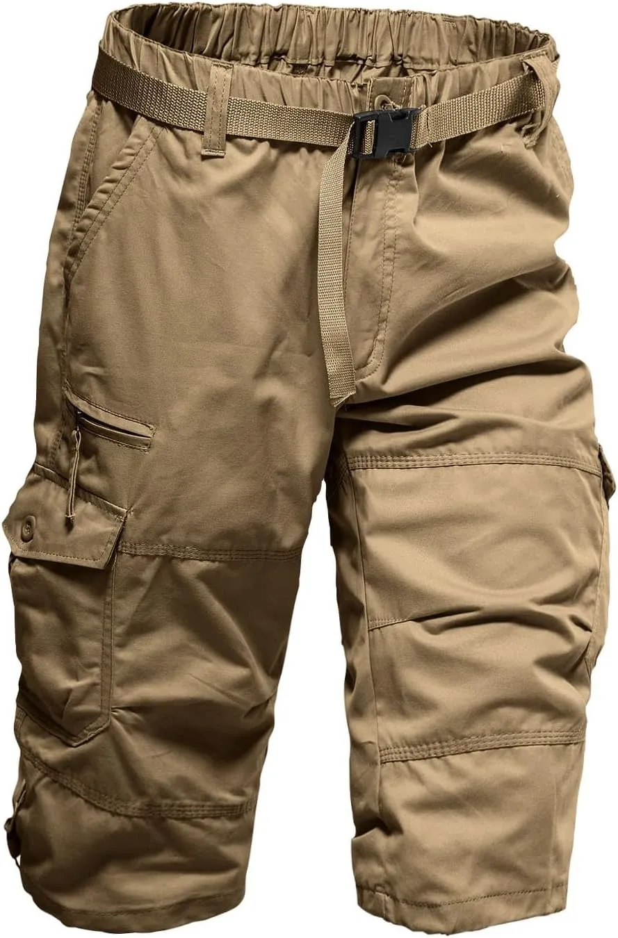 Mens Cargo Shorts 3/4 Relaxed Fit Army Tactical Running Shorts 7 Pockets Elastic Waist Cotton Sports Hiking Pants 2024 Trend
