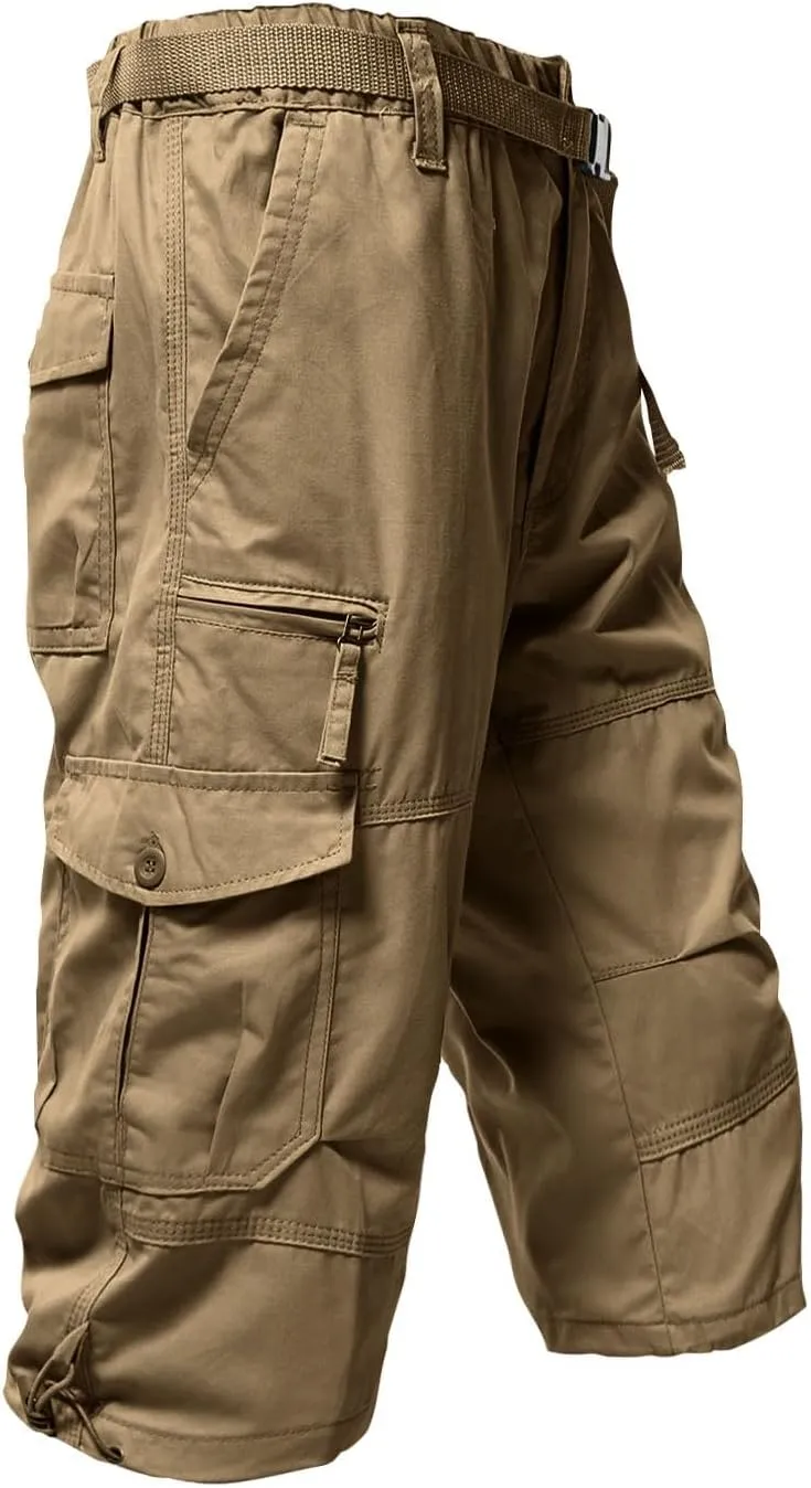 Mens Cargo Shorts 3/4 Relaxed Fit Army Tactical Running Shorts 7 Pockets Elastic Waist Cotton Sports Hiking Pants 2024 Trend