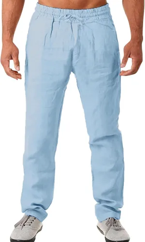 Mens Casual Linen Workout Pants Lightweight Comfy Joggers Regular Fit Beach Pant Hiking Hunting Work Trousers Chino Pants Slim Fit Mens Ice Skating Tights
