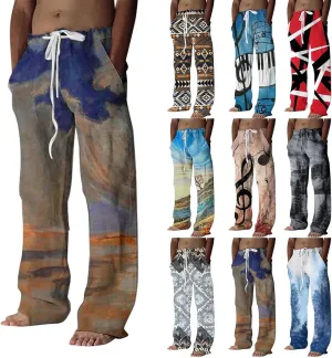 Men's Casual Summer Pants Beach Hawaiian Print Linen Pants Elastic Waist Drawstring Baggy Trousers with Pockets