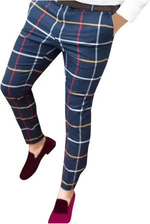 Mens Chinos Pants Plaid Striped Slim Fit Stretch Flat-Front Skinny Dress Pants Business Work Casual Zip Pencil Trousers Dark Blue