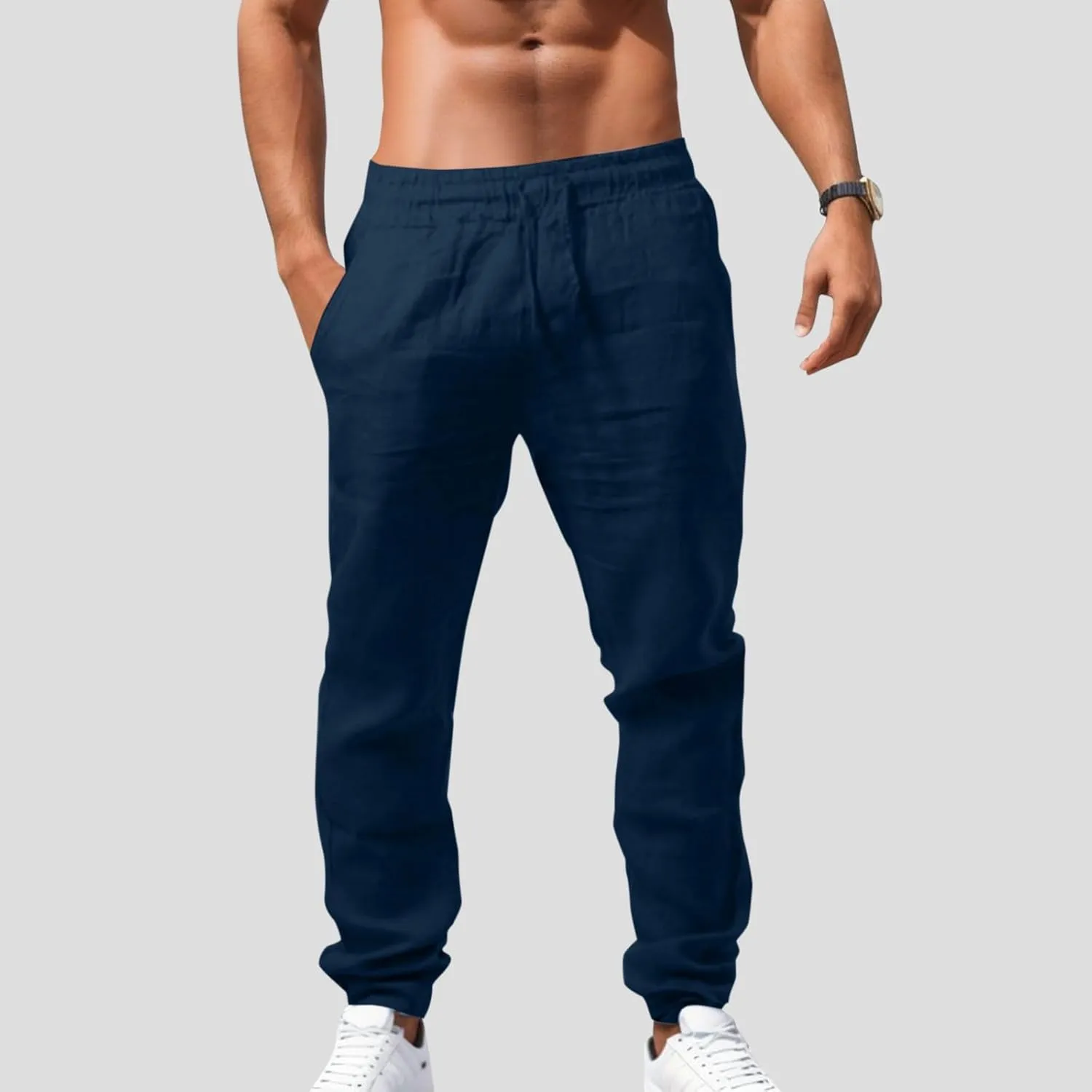 Mens Combat Cargo Pants Casual Linen Elasticated Pant Straight Leg Sweatpants Joggers Baggy Training Jogger
