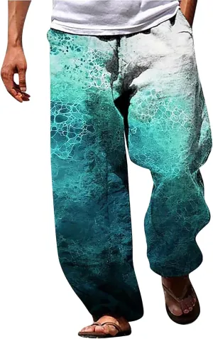 Mens Cotton Linen Printed Pants Straight Leg Loose Fit Outdoor Lounge Trousers for Men Drawstrings Summer Casual Beach Pant