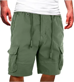 Mens Drawstring Cargo Shorts Straight Leg Military Tactical Combat Hiking Fishing Pants Multi-Pockets Fitness Sports Bermuda