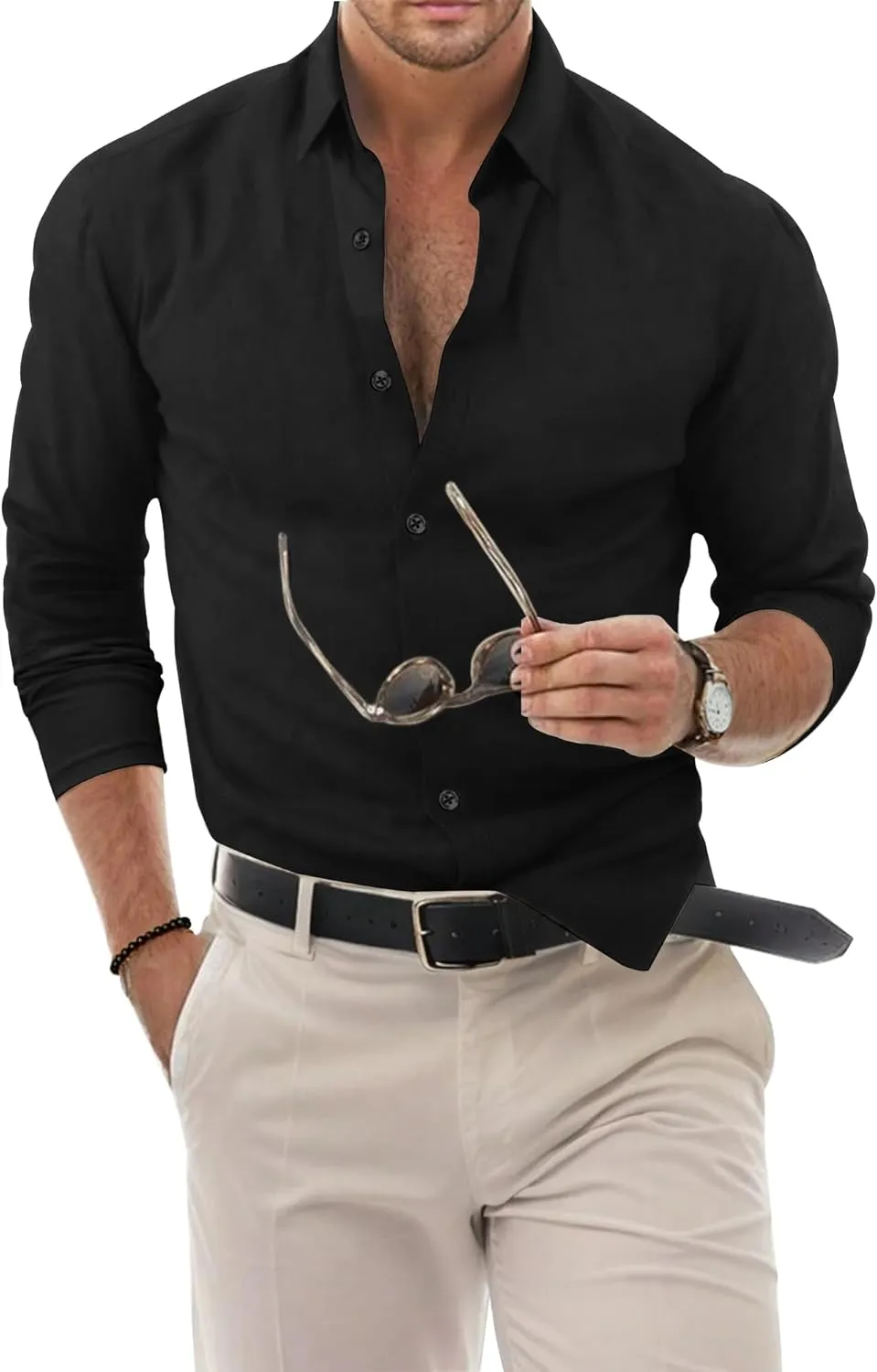 Men's Dress Shirt Slim Fit Button Down Shirt Long Sleeve No Cuff-Links Four Way Stretch Muscle Shirts for Men