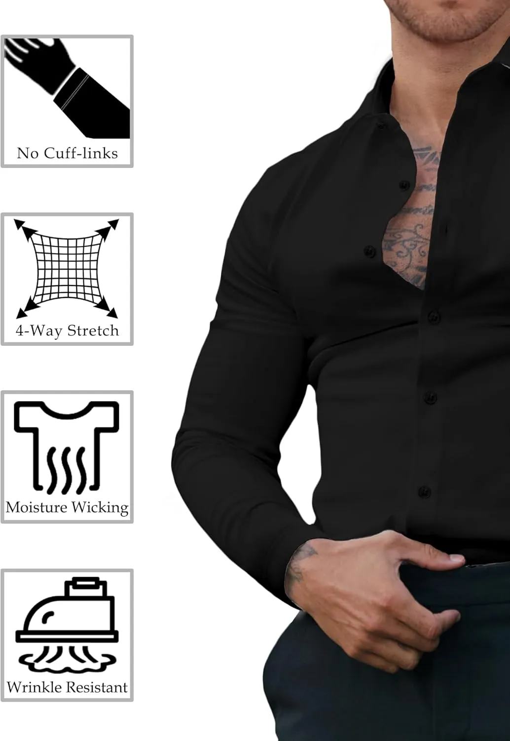 Men's Dress Shirt Slim Fit Button Down Shirt Long Sleeve No Cuff-Links Four Way Stretch Muscle Shirts for Men