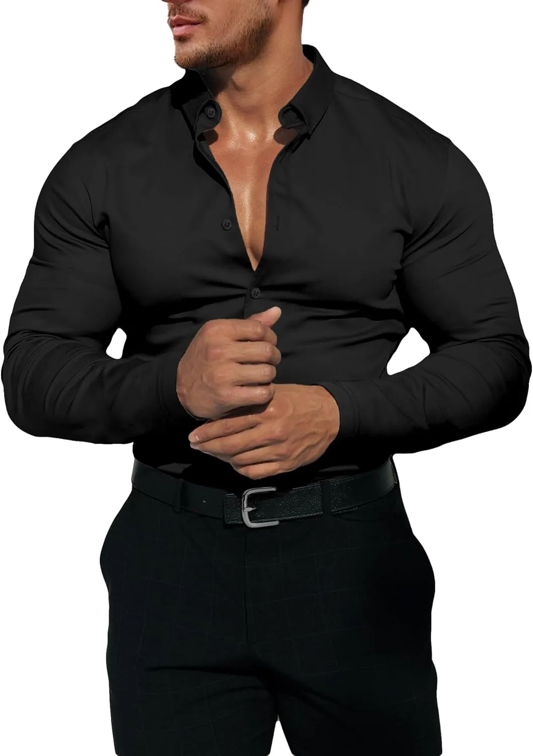 Men's Dress Shirt Slim Fit Button Down Shirt Long Sleeve No Cuff-Links Four Way Stretch Muscle Shirts for Men