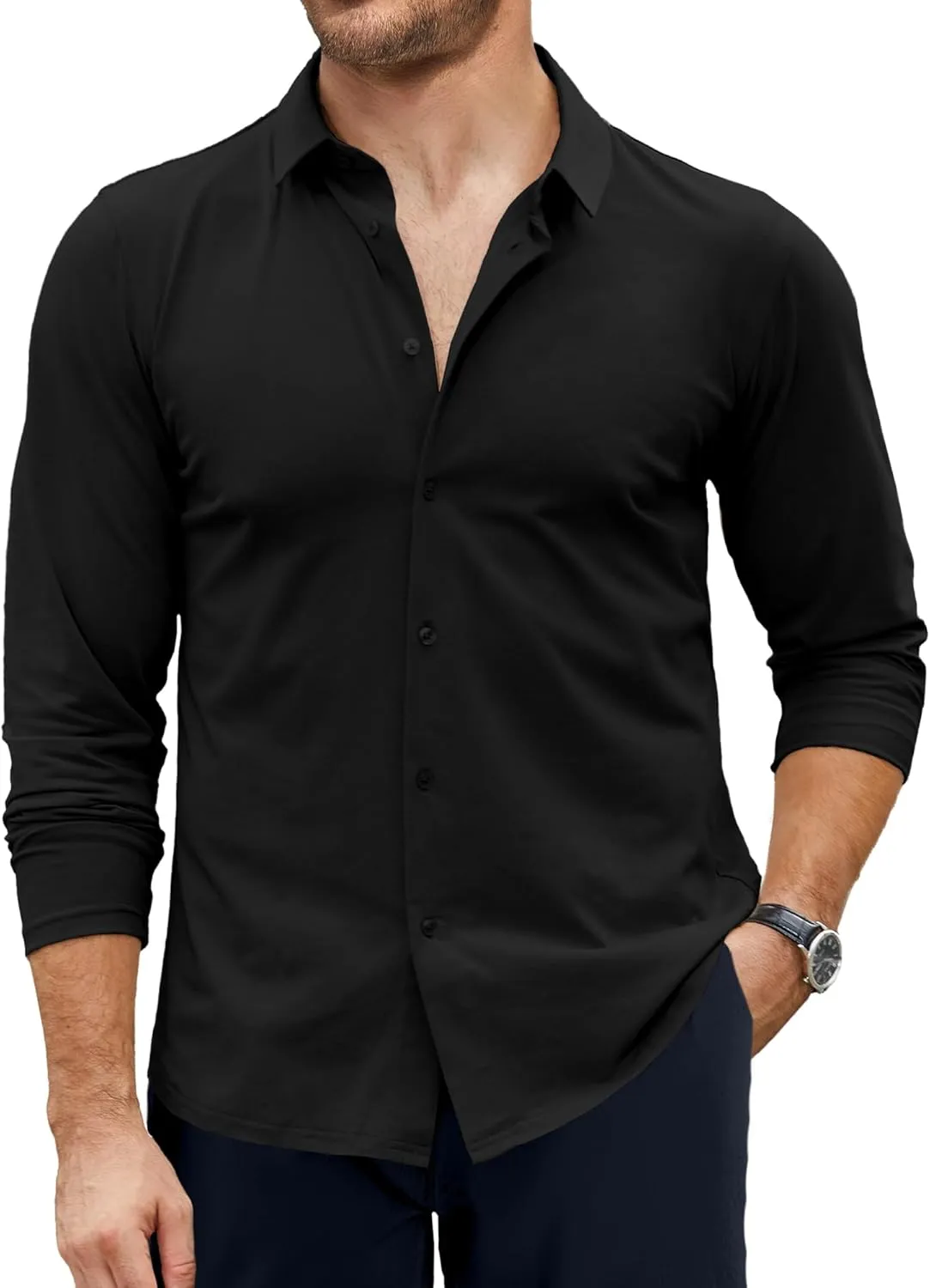 Men's Dress Shirt Slim Fit Button Down Shirt Long Sleeve No Cuff-Links Four Way Stretch Muscle Shirts for Men