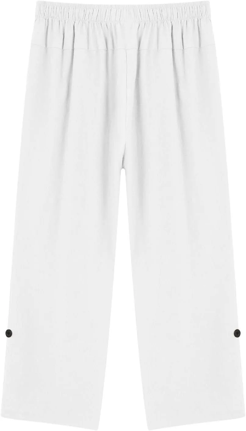 Mens Elastic High Waist Drawstring Baggy Beach Casual Pants Cotton and Linen Capri Pants Summer Outdoor Vacation Shorts 2024