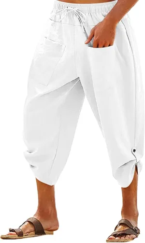 Mens Elastic High Waist Drawstring Baggy Beach Casual Pants Cotton and Linen Capri Pants Summer Outdoor Vacation Shorts 2024