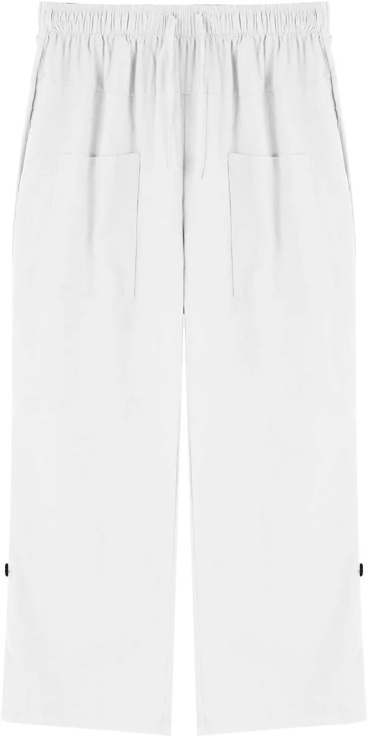 Mens Elastic High Waist Drawstring Baggy Beach Casual Pants Cotton and Linen Capri Pants Summer Outdoor Vacation Shorts 2024