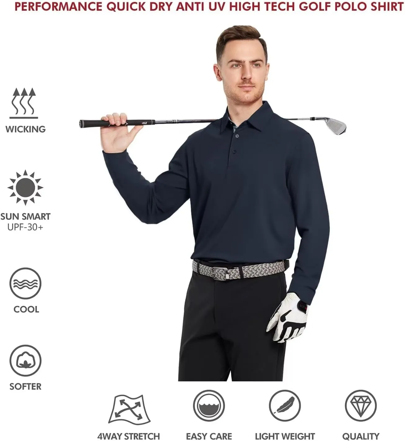 Mens Golf Shirt Short and Long Sleeve Moisture Wicking Dry Fit Performance Solid Casual Pique Golf Polo Shirts for Men
