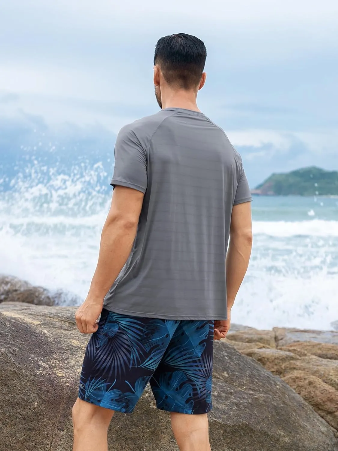 Men's Rash Guard Swim Shirts UPF 50  Short Sleeve Fishing Quick Dry Beach-Recommended Larger one