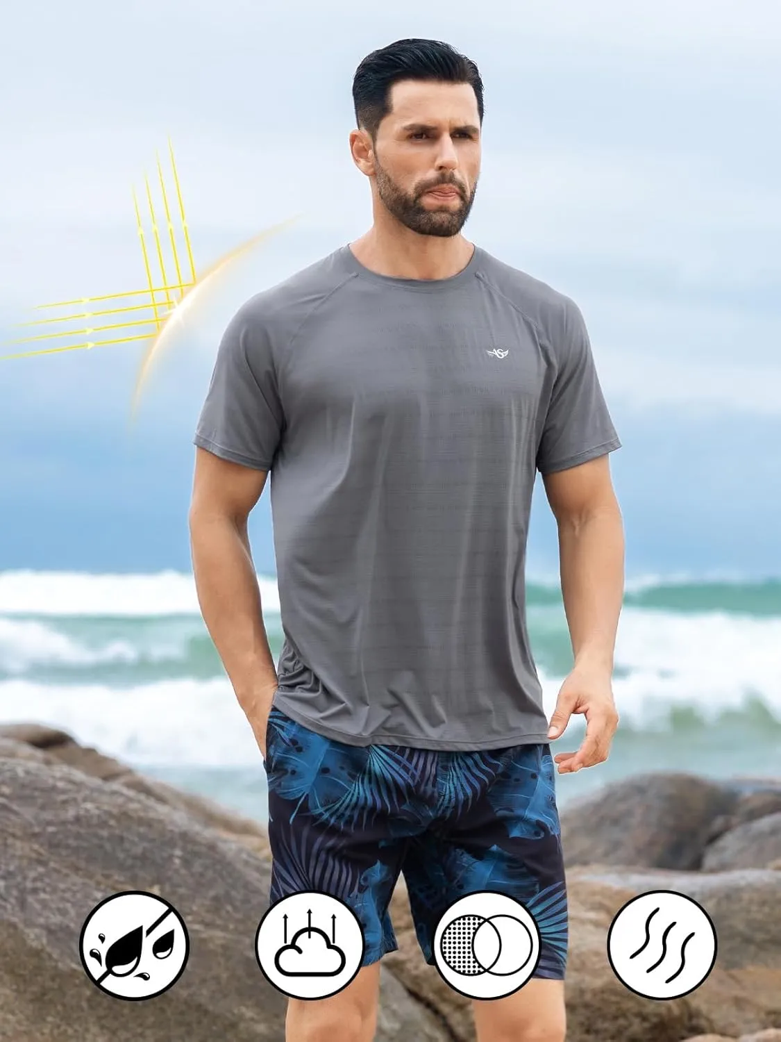 Men's Rash Guard Swim Shirts UPF 50  Short Sleeve Fishing Quick Dry Beach-Recommended Larger one