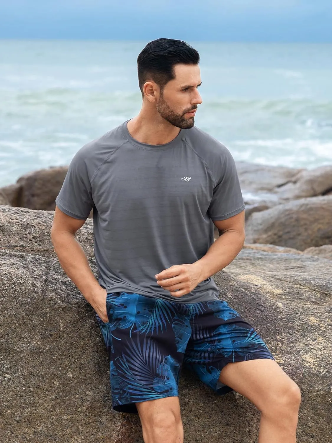 Men's Rash Guard Swim Shirts UPF 50  Short Sleeve Fishing Quick Dry Beach-Recommended Larger one