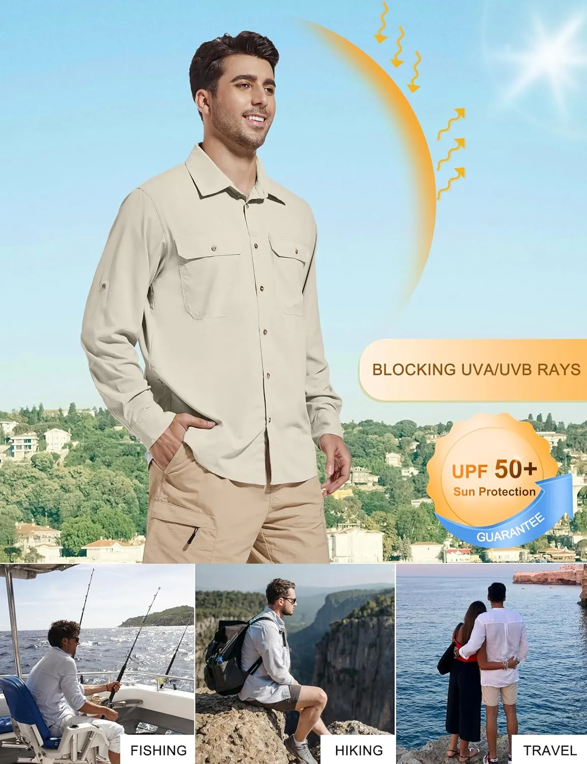 Men's Sun Protection Fishing Hiking Shirts UPF 50  UV Long Sleeve Lightweight Breathable Quick Dry Travel Work Shirt