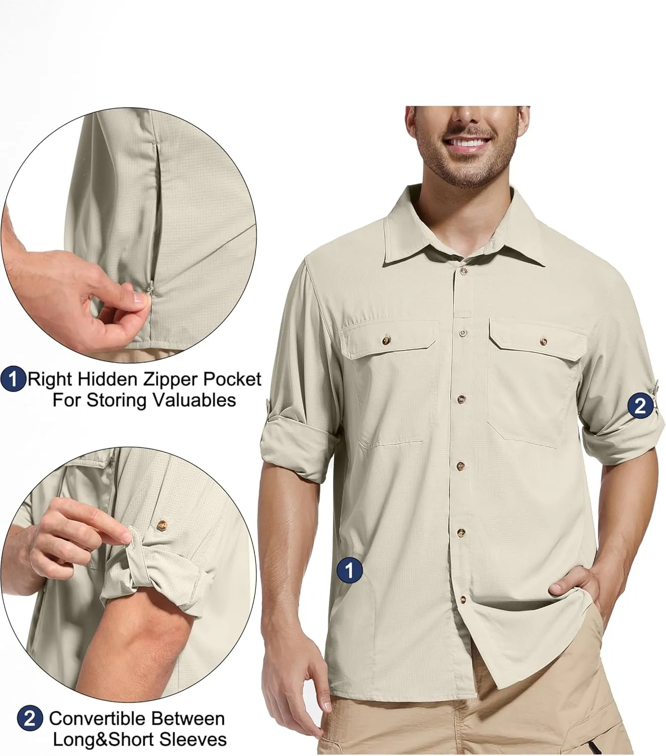 Men's Sun Protection Fishing Hiking Shirts UPF 50  UV Long Sleeve Lightweight Breathable Quick Dry Travel Work Shirt