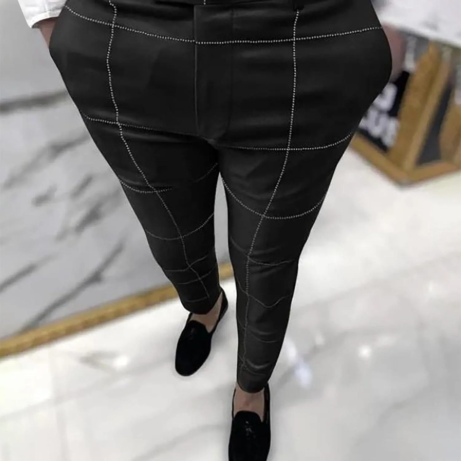 Men's Traditional Plaid Chino Pants Slim Fit Casual Striped Business Style Slim Pants Sweatpants