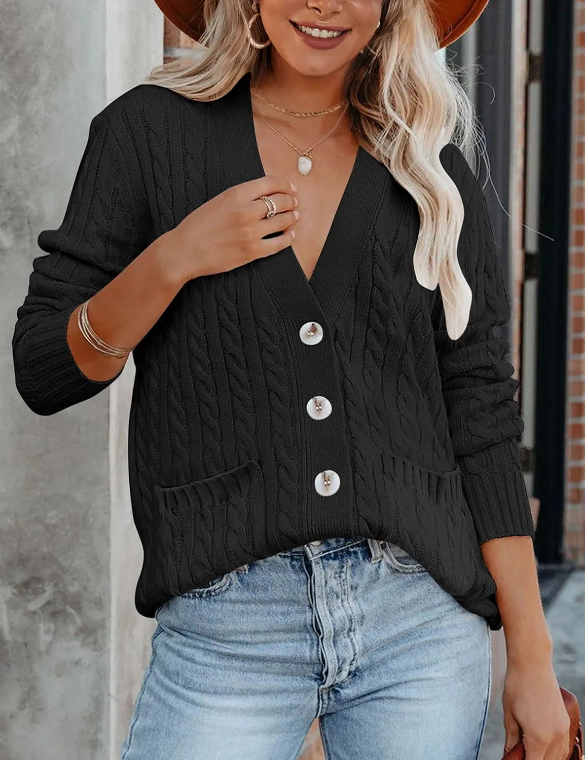 MEROKEETY Women's 2025 Long Sleeve Cable Knit Button Cardigan Sweater Open Front Outwear Coat with Pockets