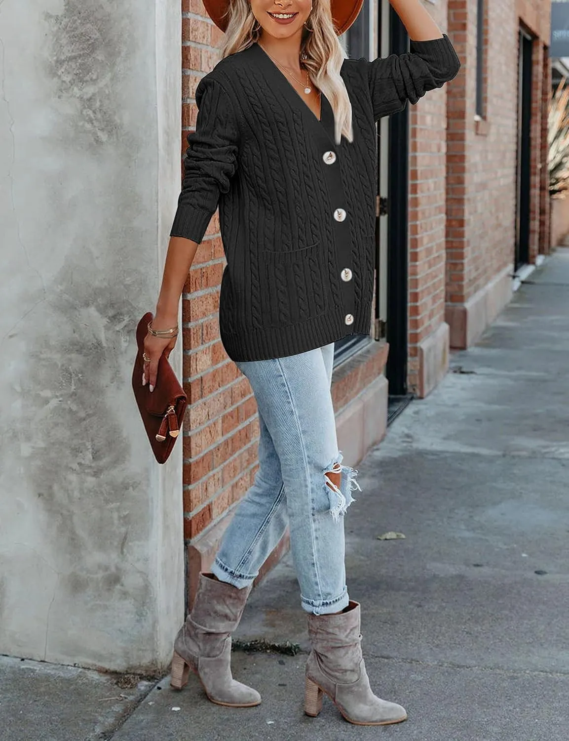 MEROKEETY Women's 2025 Long Sleeve Cable Knit Button Cardigan Sweater Open Front Outwear Coat with Pockets