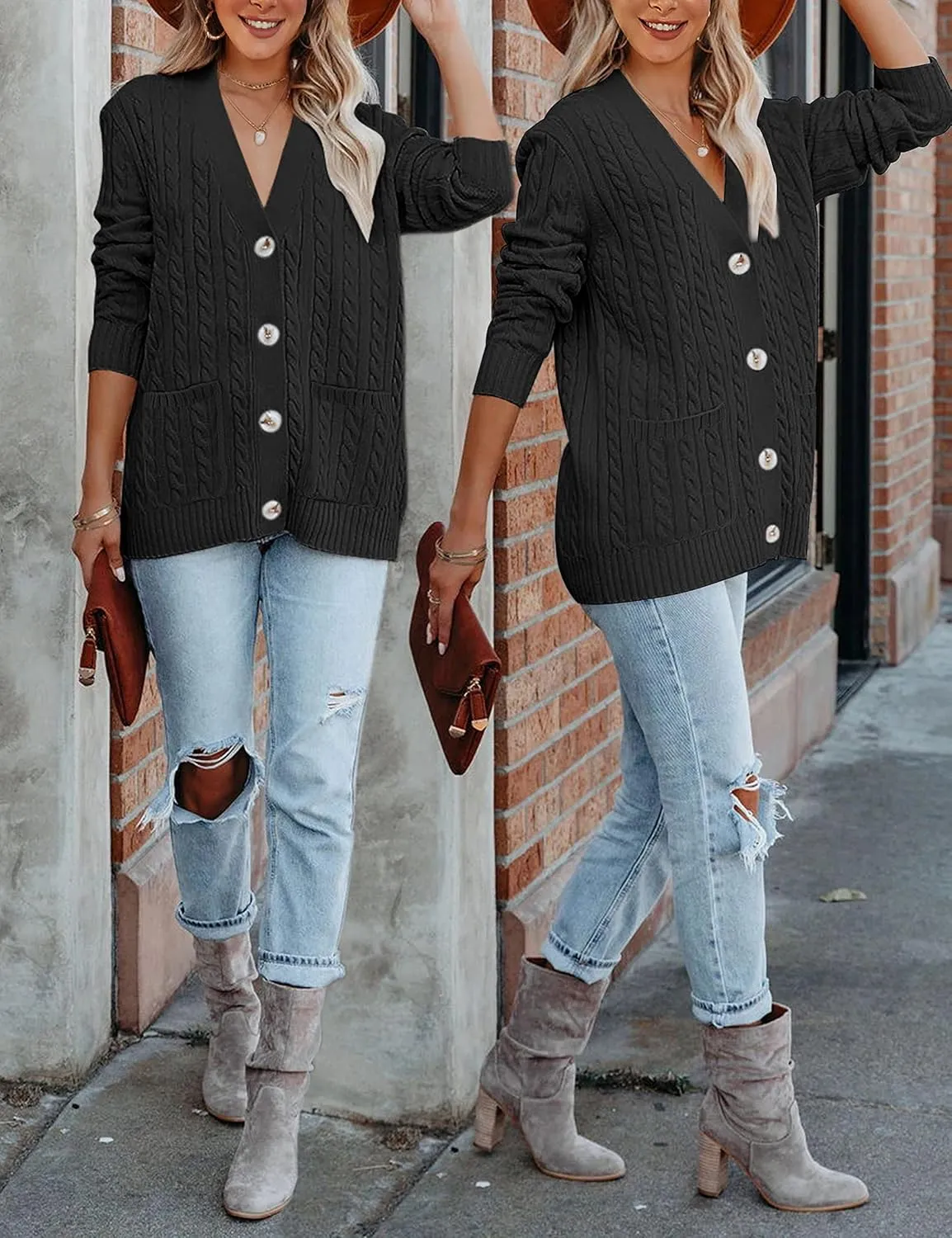 MEROKEETY Women's 2025 Long Sleeve Cable Knit Button Cardigan Sweater Open Front Outwear Coat with Pockets