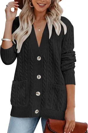 MEROKEETY Women's 2025 Long Sleeve Cable Knit Button Cardigan Sweater Open Front Outwear Coat with Pockets