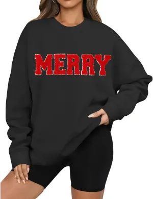 Merry Christmas Sweatshirts for Women Glitter Patch Merry Letter Shirts Crewneck Xmas Gifts Oversized Pullover Top