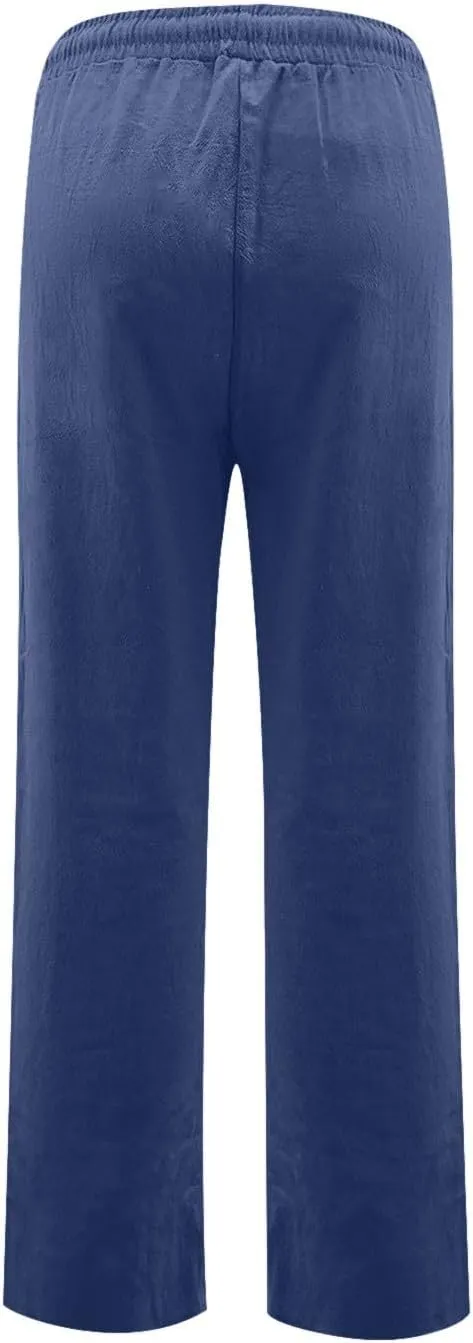 midelxp Straight Leg Linen Pants Women Comfy Loose Fitting Drawstring Pants with Pockets Casual High Waisted Trousers Pants