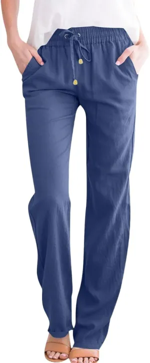 midelxp Straight Leg Linen Pants Women Comfy Loose Fitting Drawstring Pants with Pockets Casual High Waisted Trousers Pants