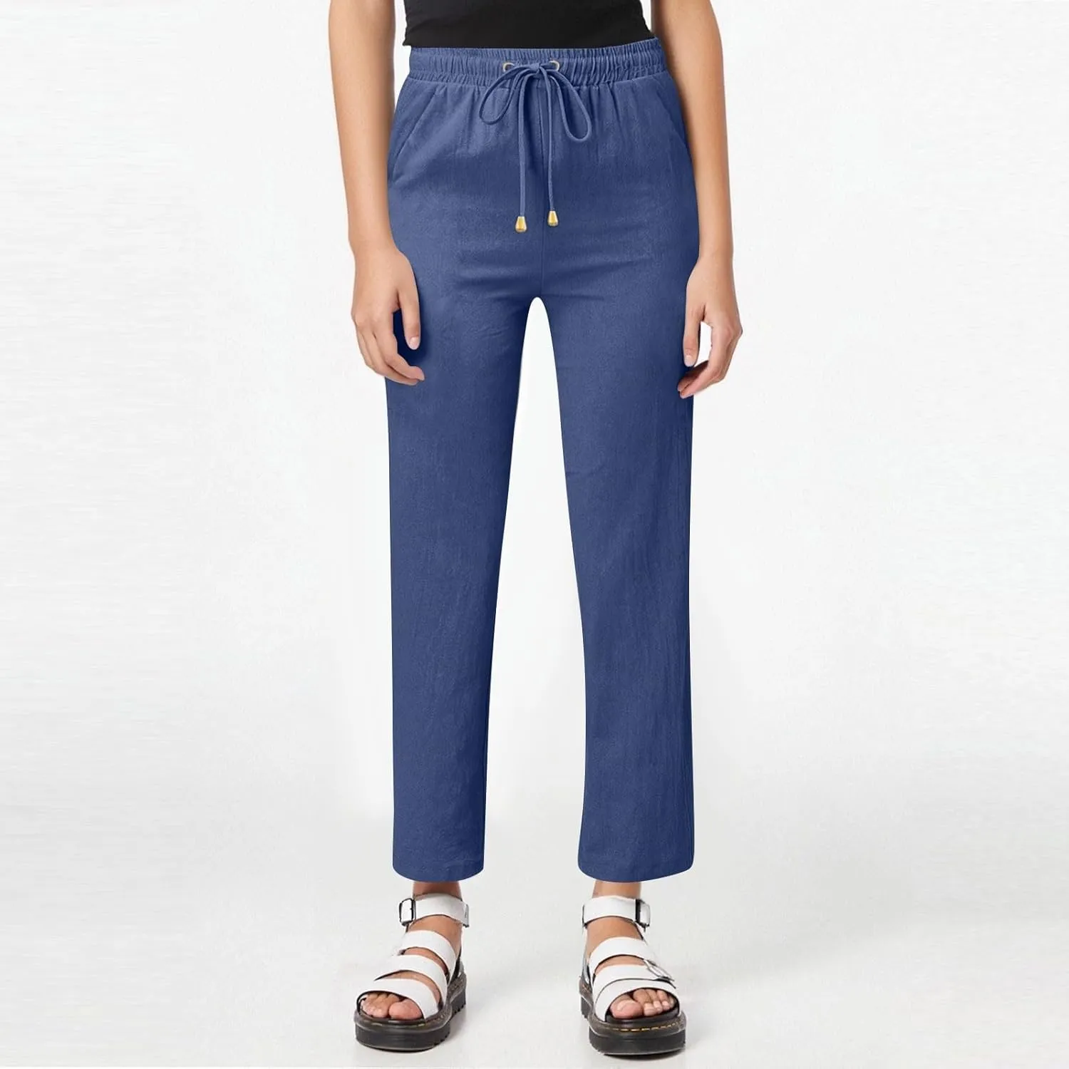 midelxp Straight Leg Linen Pants Women Comfy Loose Fitting Drawstring Pants with Pockets Casual High Waisted Trousers Pants