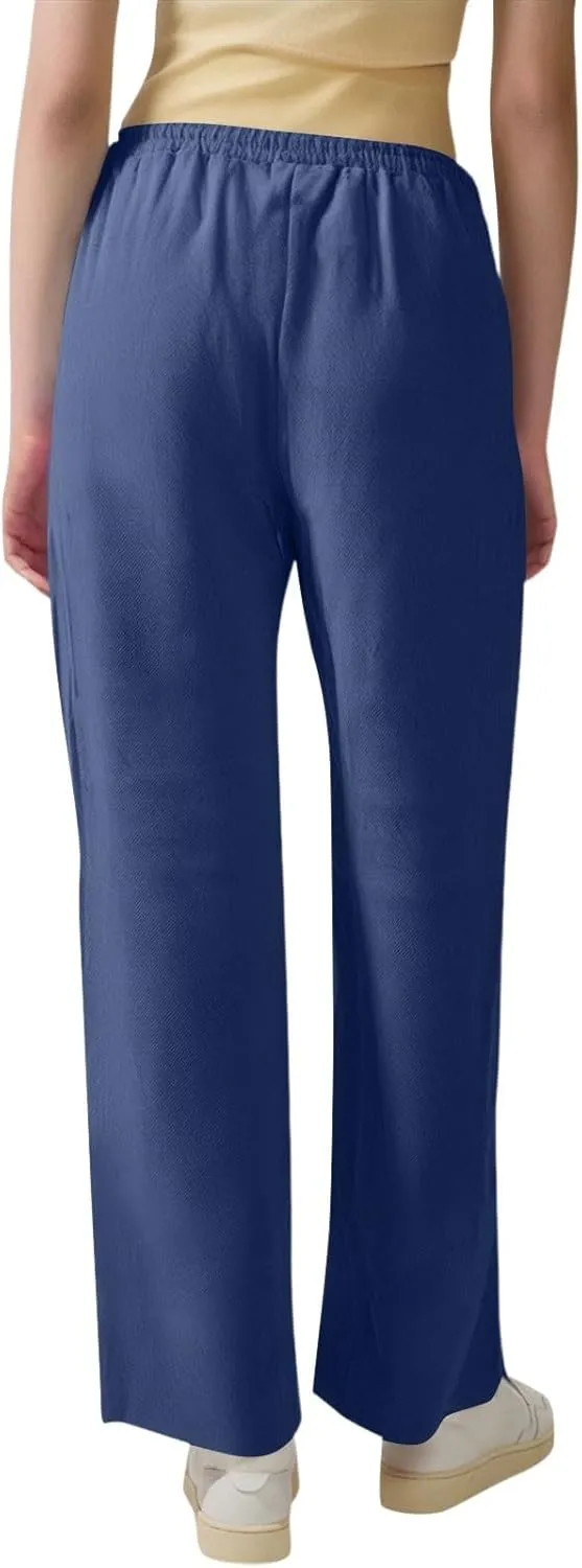 midelxp Straight Leg Linen Pants Women Comfy Loose Fitting Drawstring Pants with Pockets Casual High Waisted Trousers Pants