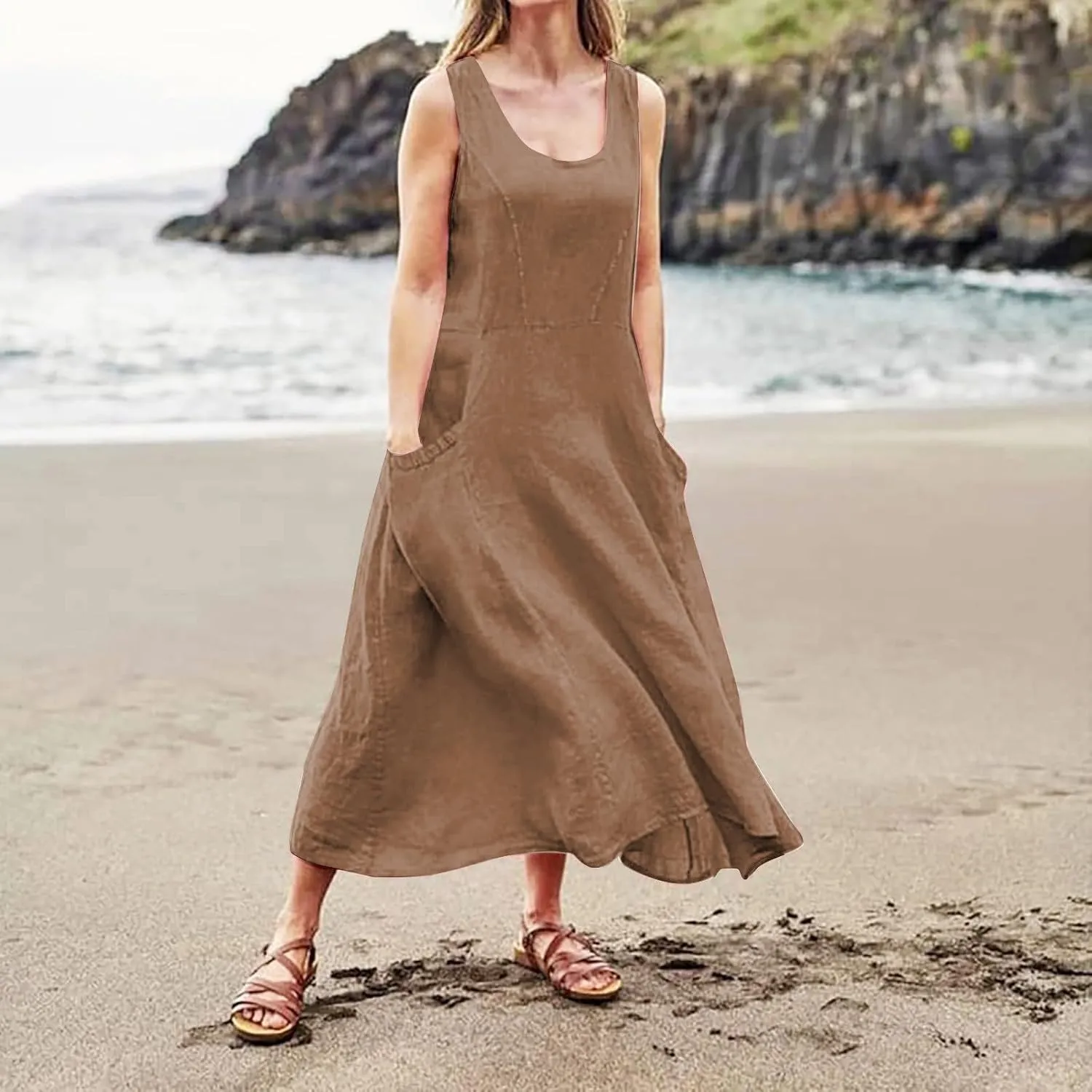 midelxp Summer Sundresses for Women Casual Loose Swing Beach Tank Dresses Sleeveless Solid Color Long Dresses with Pocket