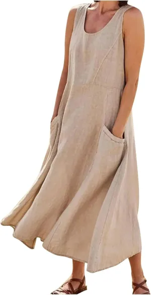 midelxp Summer Sundresses for Women Casual Loose Swing Beach Tank Dresses Sleeveless Solid Color Long Dresses with Pocket