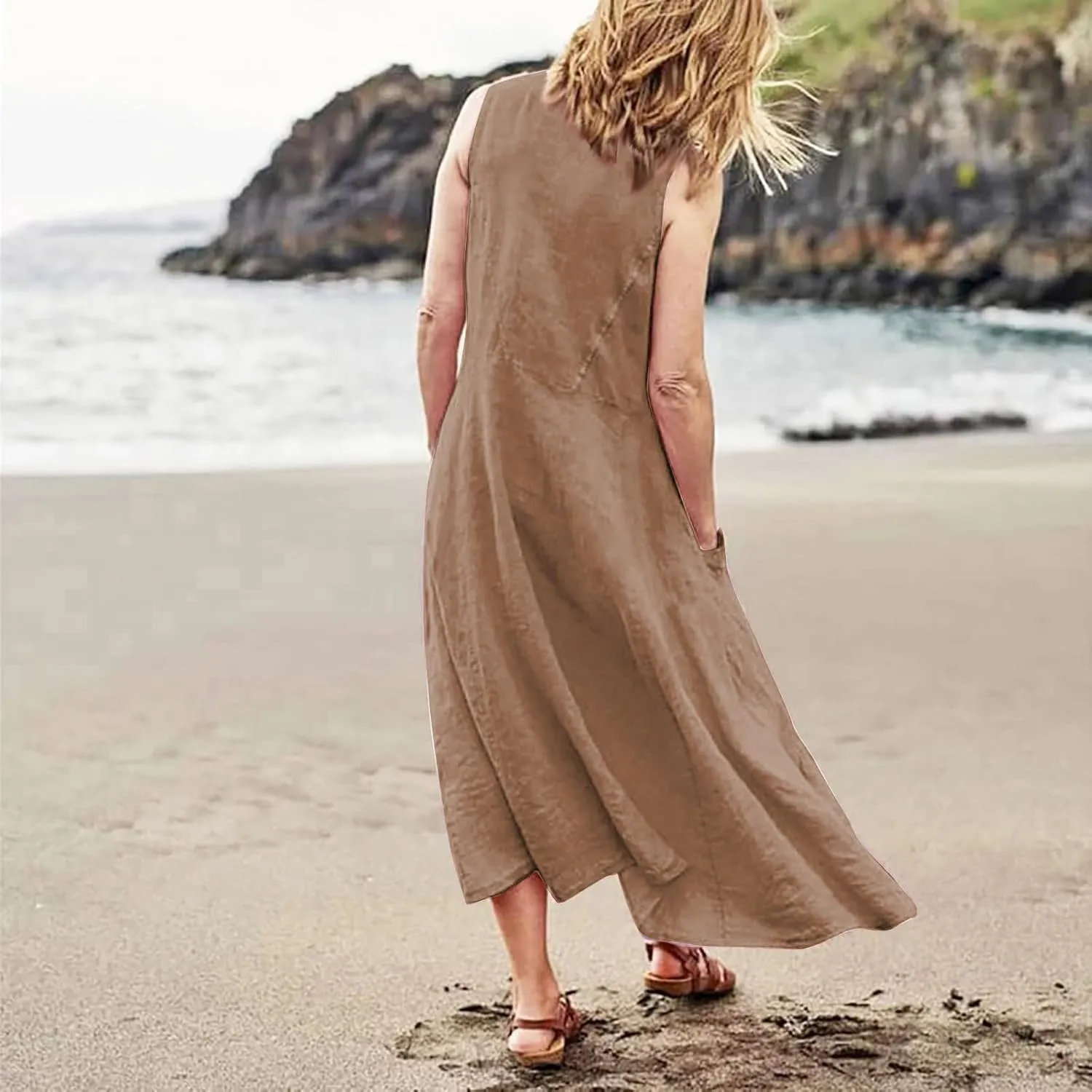 midelxp Summer Sundresses for Women Casual Loose Swing Beach Tank Dresses Sleeveless Solid Color Long Dresses with Pocket