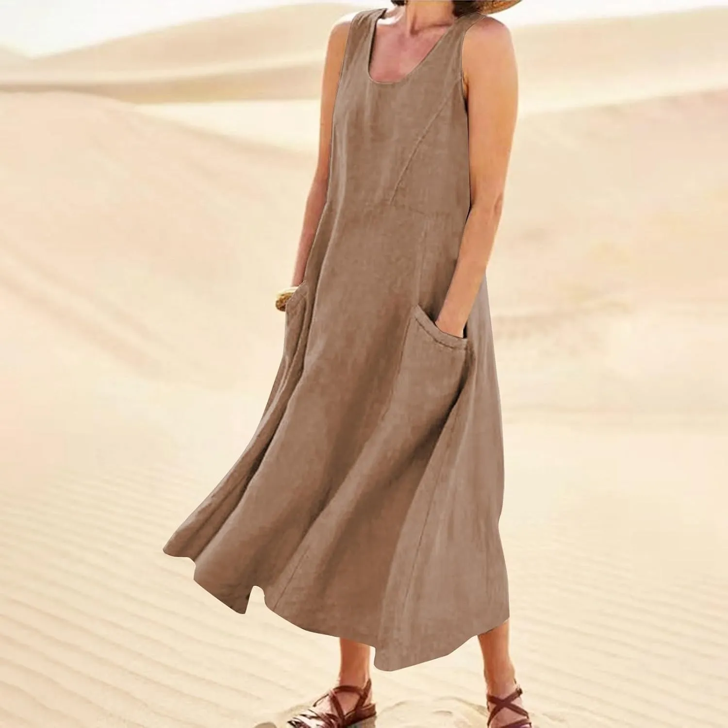 midelxp Summer Sundresses for Women Casual Loose Swing Beach Tank Dresses Sleeveless Solid Color Long Dresses with Pocket