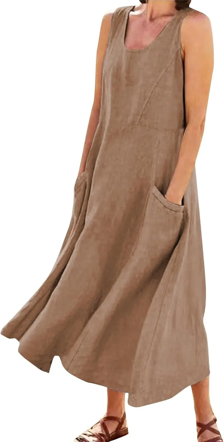 midelxp Summer Sundresses for Women Casual Loose Swing Beach Tank Dresses Sleeveless Solid Color Long Dresses with Pocket