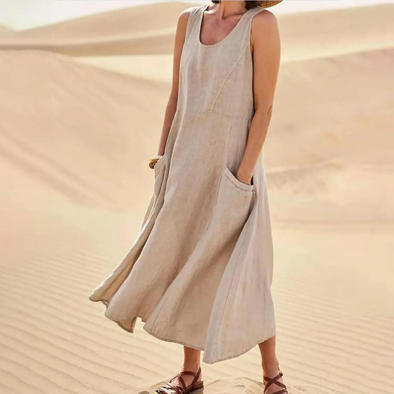 midelxp Summer Sundresses for Women Casual Loose Swing Beach Tank Dresses Sleeveless Solid Color Long Dresses with Pocket