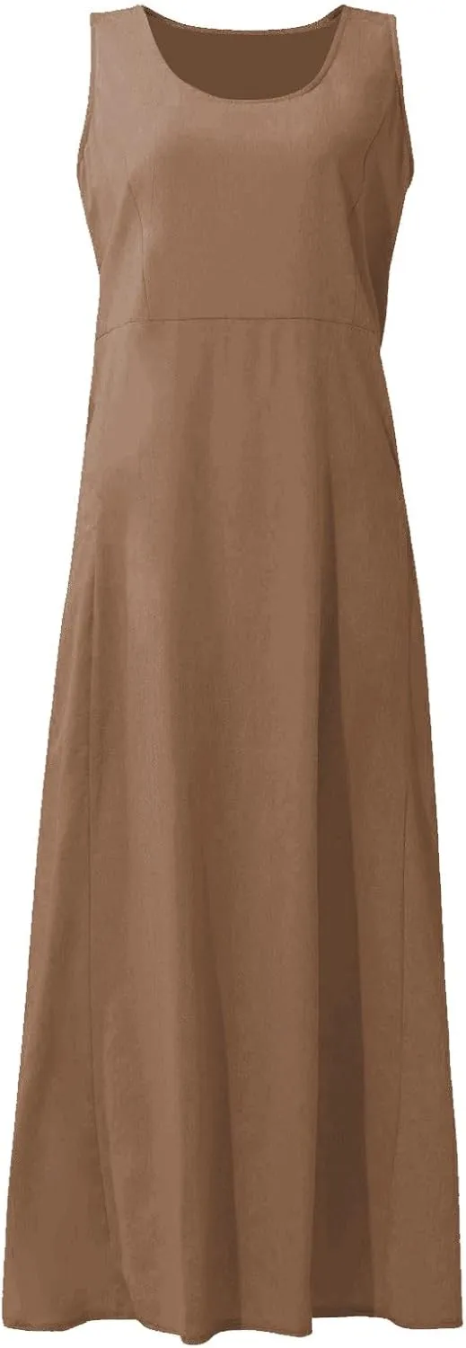 midelxp Summer Sundresses for Women Casual Loose Swing Beach Tank Dresses Sleeveless Solid Color Long Dresses with Pocket