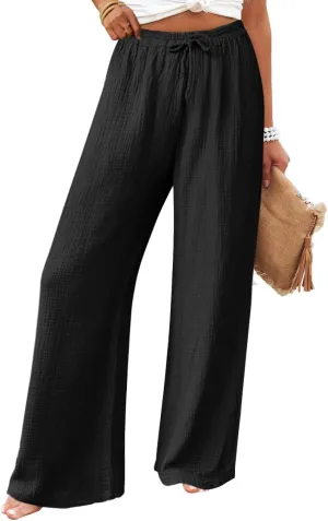miduo Womens Cotton Drawstring Elastic High Waist Palazzo Pants Wide Leg Pants Casual Lounge Pant Trousers