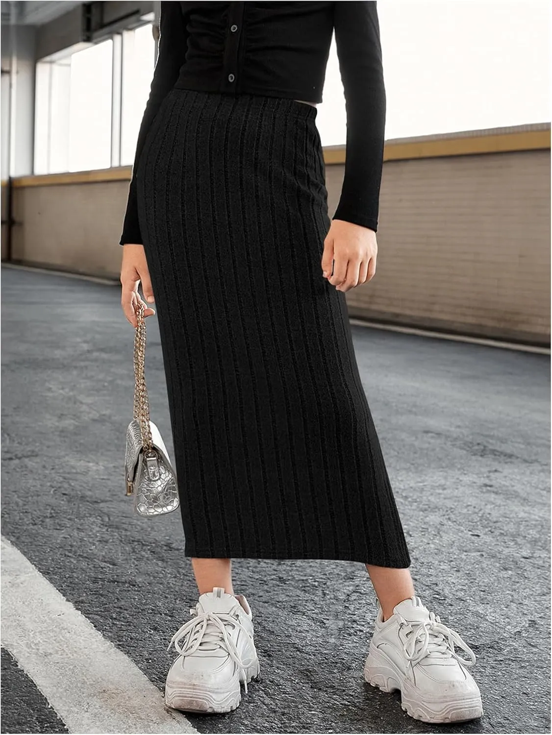 Milumia Girl's High Waist Rib Knit Long Skirt Solid Casual Straight Maxi Skirts