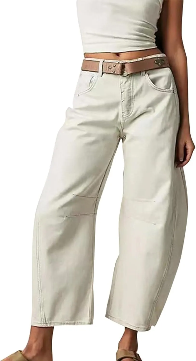 Miyaomn Vintage Barrel Jeans for Women High Waisted Wide Leg Baggy Cropped Harem Pants Y2k Boyfriend Stretch Denim Trousers