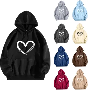 Mmoneyake Womens Graphic Hoodie Casual Heart Print Long Sleeve Pullover Fall Oversized Crew Neck Sweatshirt Trendy Streetwear